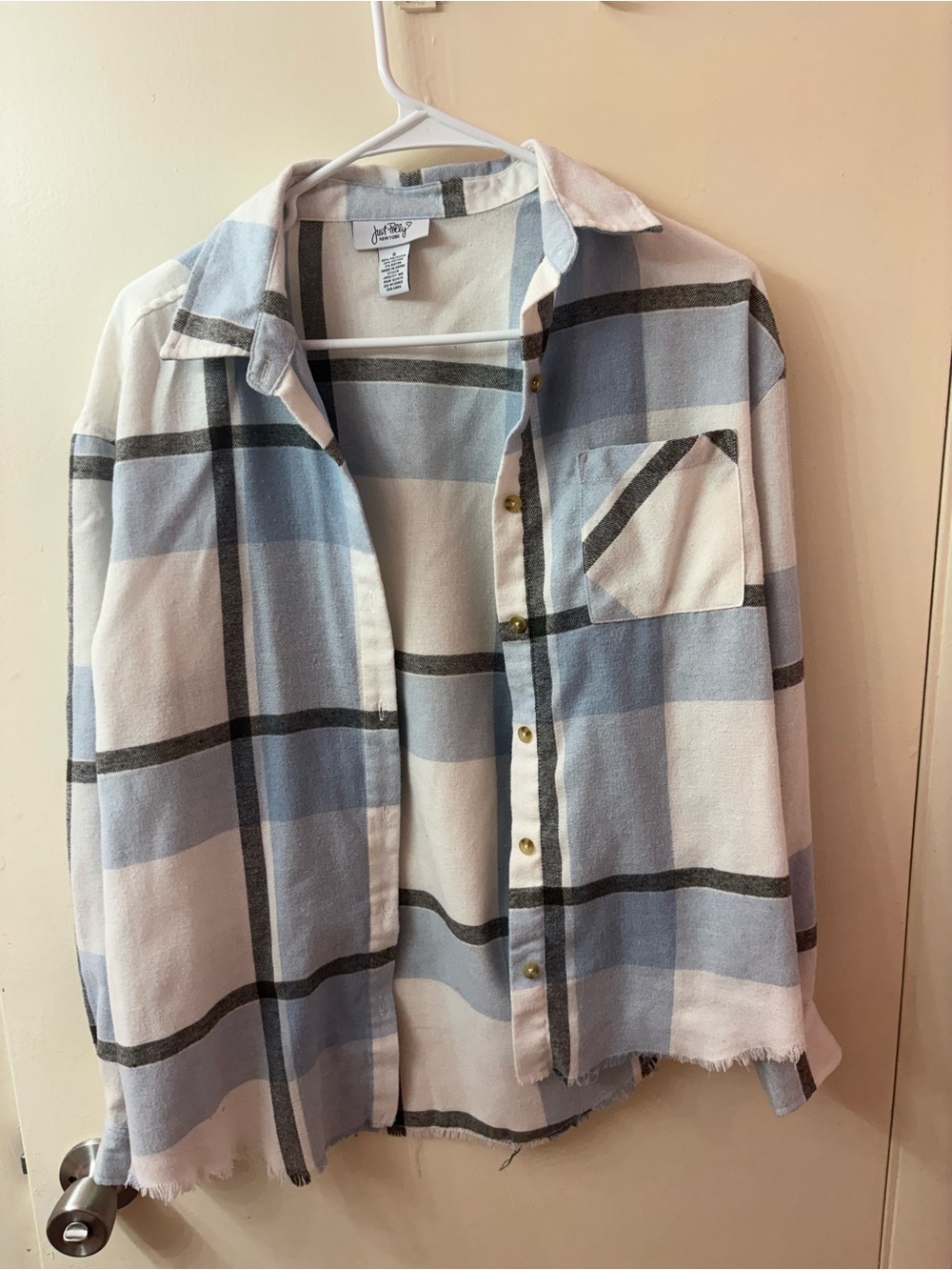 Flannel Button Down Shirt Shirt in Light Blue, White & Gray - Just Polly
